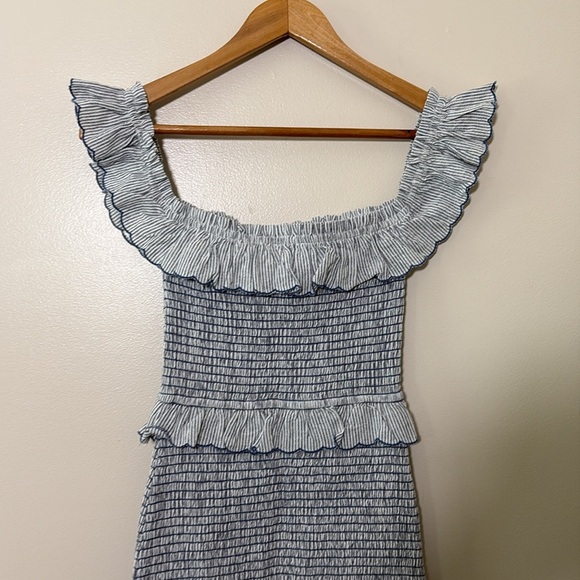 Storia Off The Shoulder Mini Dress Smocked Ruffle Cotton Linen Stripe Blue Sz S - Picture 7 of 10
